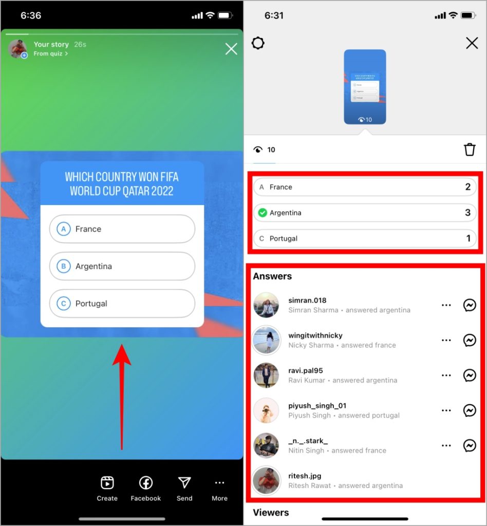 Resultados de la prueba en Instagram