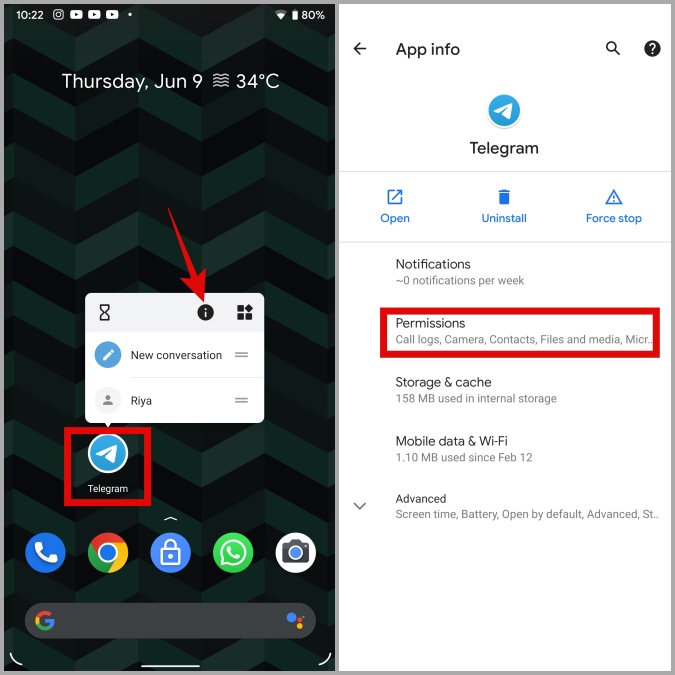 Permiso de la aplicación Telegram en Android