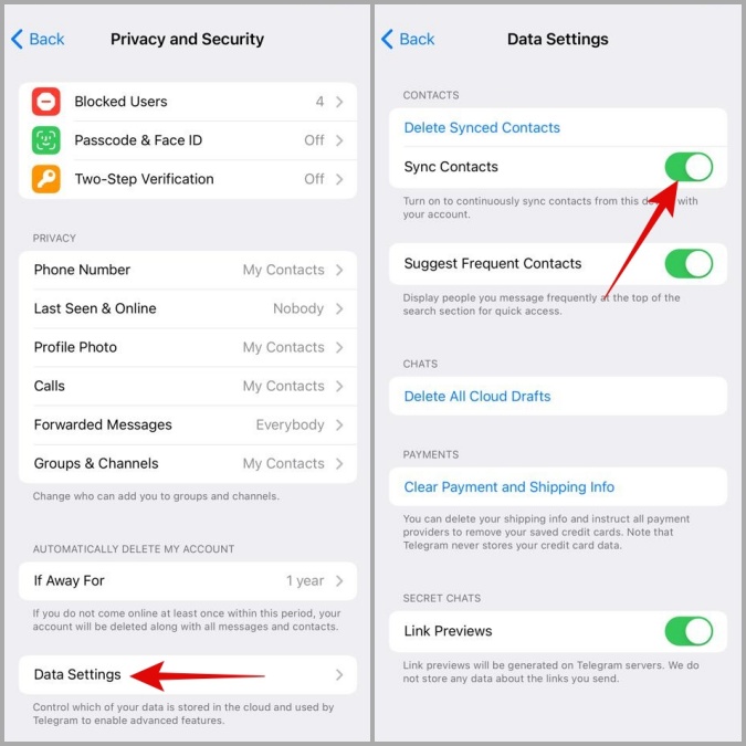 Habilitar Contact Sync en Telegram para iPhone