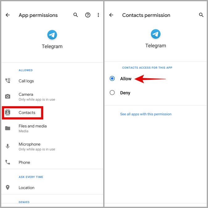 Permitir que Telegram use contactos en Android