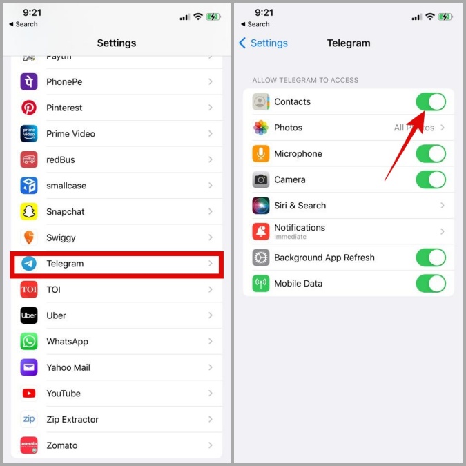 Permitir permiso de contactos para telegrama para iPhone