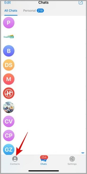 Pestaña Contactos en Telegram para iPhone