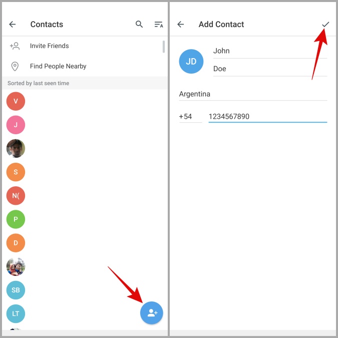 Agregue contactos al telegrama para Android