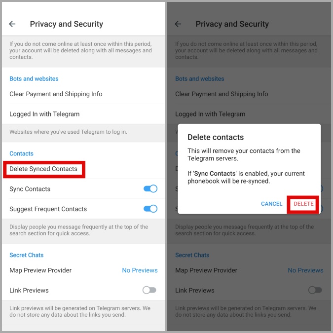 Eliminar contactos sincronizados para telegrama para Android