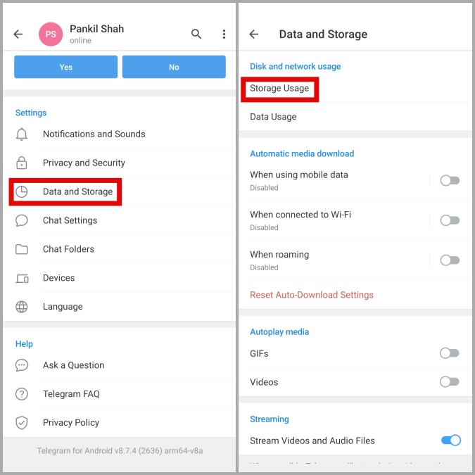 Configuración de almacenamiento de Telegram en Android