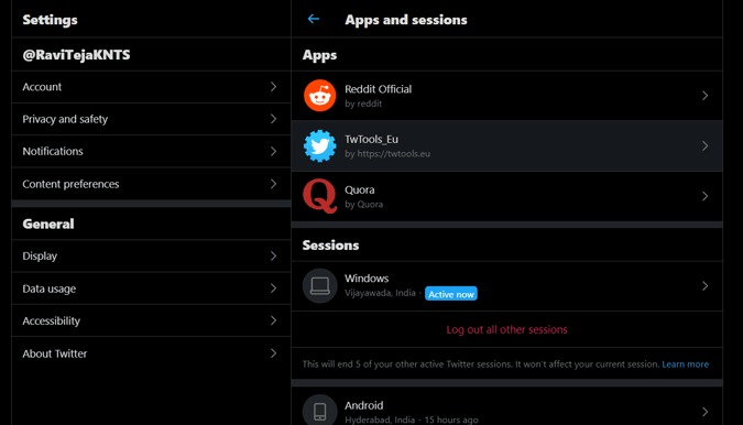 Navegar a la configuración de aplicaciones y sesiones en Twitter