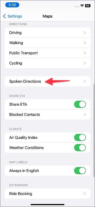 Opción de instrucciones habladas en la configuración de Apple Maps