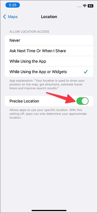 Habilitar una ubicación precisa en la configuración de Apple Maps