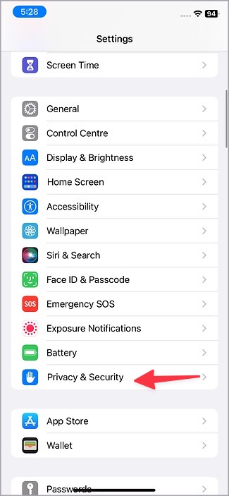 Seleccione la privacidad y la seguridad en la configuración del iPhone