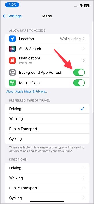 Habilitar la actualización de la aplicación de fondo para la configuración de Apple Maps