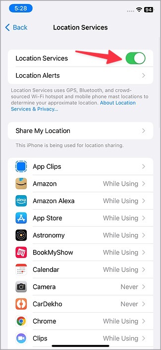 Desactivar los servicios de ubicación en la configuración de iPhone