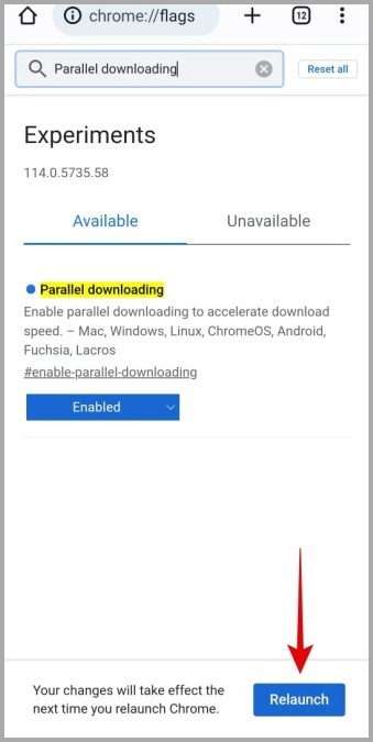 Reinicie Chrome para Android