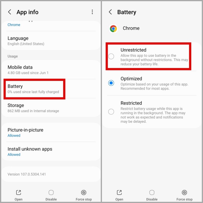 Permitir el uso de la batería sin restricciones a Google Chrome en Android