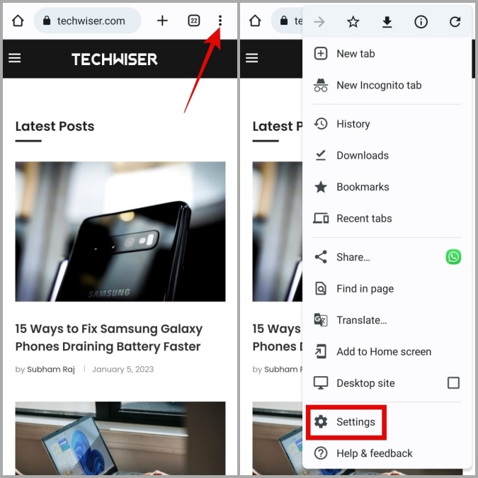 Abra el menú de configuración de Chrome en Android