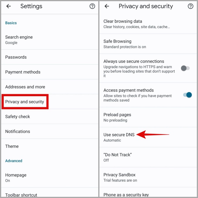 Configuración de Chrome DNS en Android