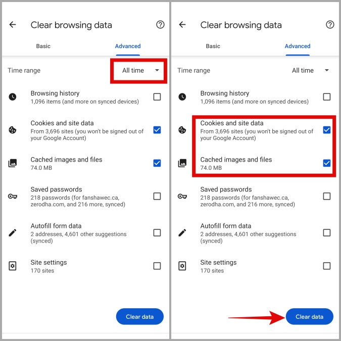 Clare caché y cookies en Chrome para Android