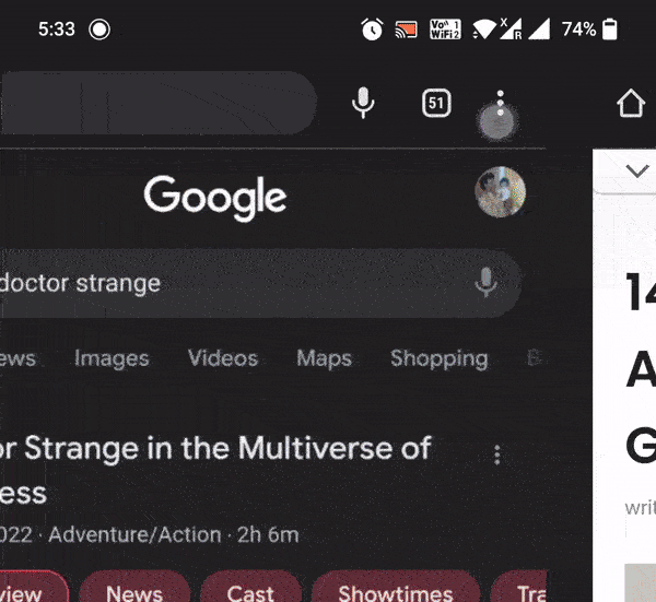 Sliping a través de pestañas en Chrome Browser en Android/iOS
