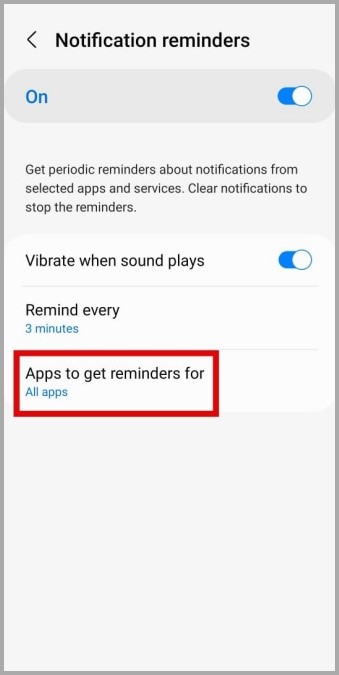 Habilitar recordatorios de notificación para aplicaciones específicas en el teléfono Samsung Galaxy