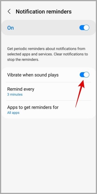 Habilitar la vibración para los recordatorios de notificación en el teléfono Samsung Galaxy