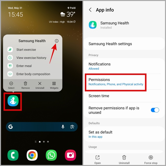 Permisos de la aplicación de salud de Samsung en Galaxy Telephy