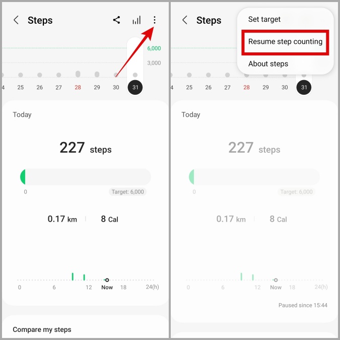 Habilitar el conteo de pasos en la aplicación Samsung Health en Galaxy Teléfono