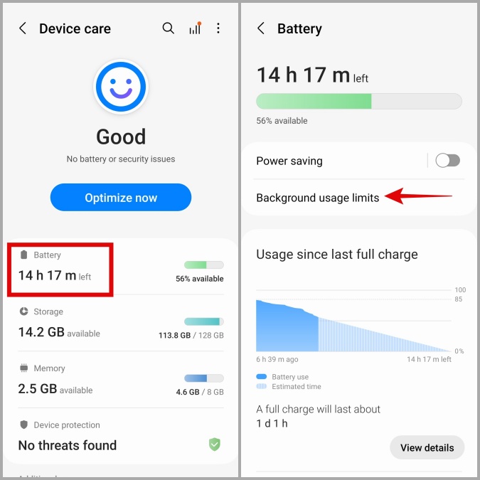 Límites de uso de antecedentes en el teléfono Galaxy