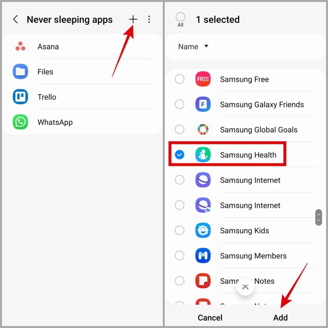Agregue la aplicación Samsung Health a las aplicaciones nunca durmiendo en el teléfono Samsung Galaxy