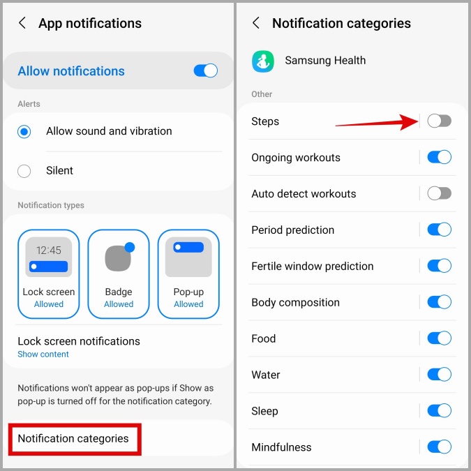 Habilitar notificaciones de pasos para la aplicación Samsung Health en Galaxy Teléfono