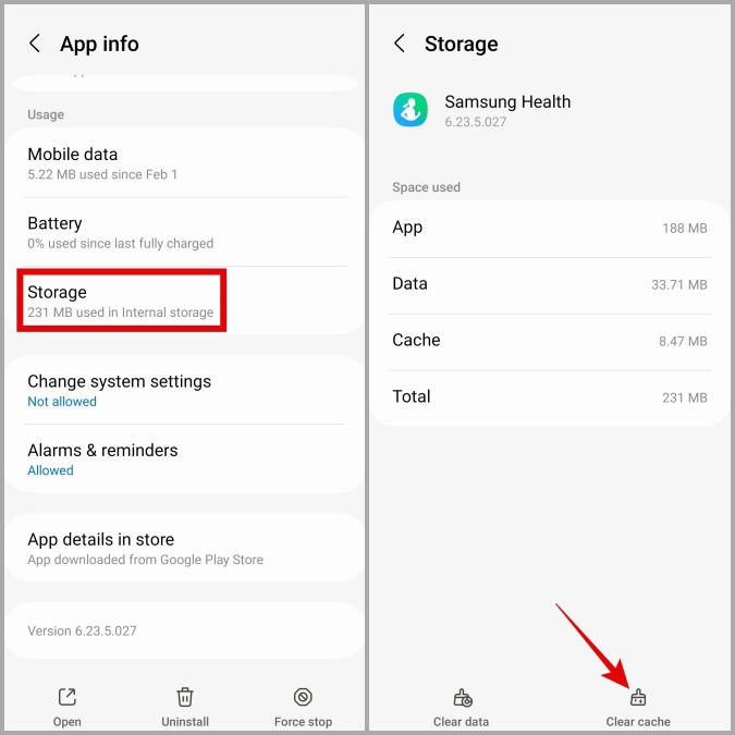 Clear Samsung Health App Cache en el teléfono Galaxy