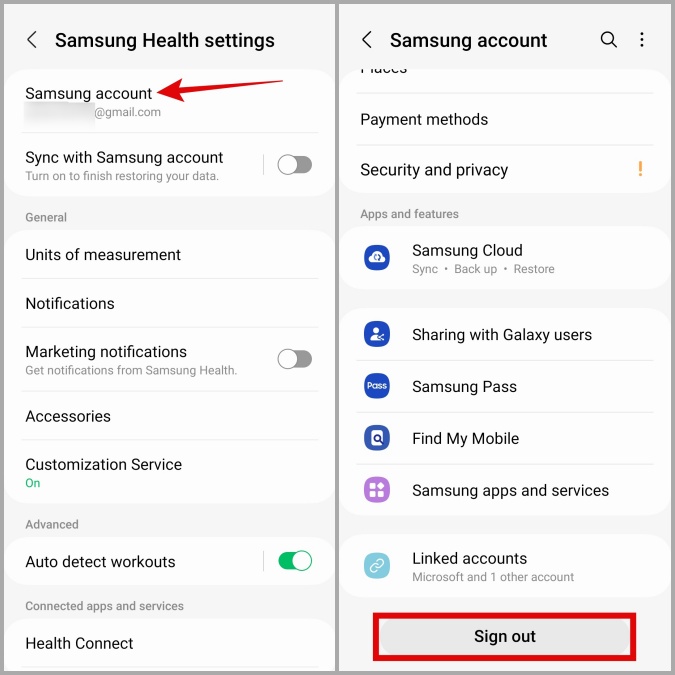 Eliminar la cuenta Samsung de la aplicación de salud en Galaxy Telephy