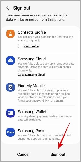 Confirme Eliminar la cuenta Samsung de la aplicación de salud en Galaxy Telephy