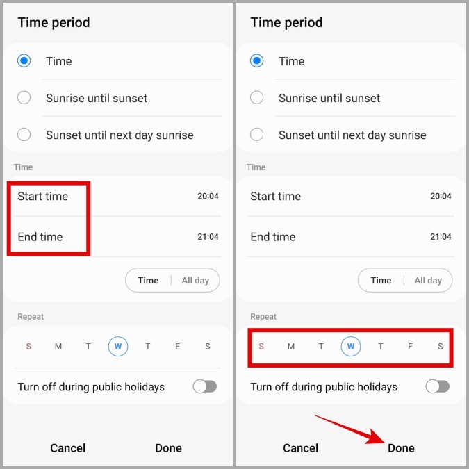 Configurar el período de tiempo para un modo en el teléfono Samsung Galaxy