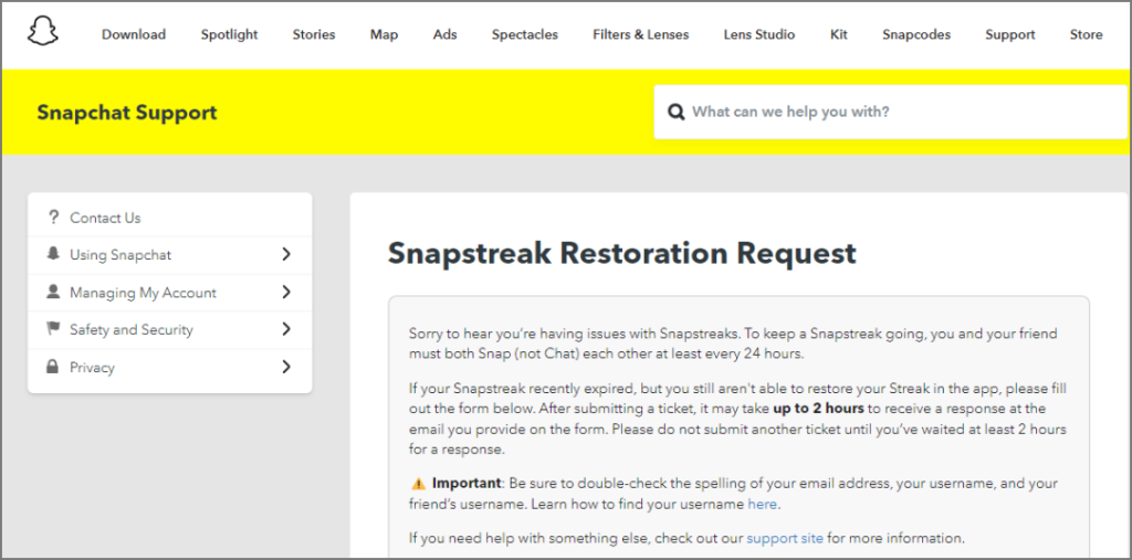 Formulario de solicitud de restauración de SnapsTreak en Snapchat Support Many.