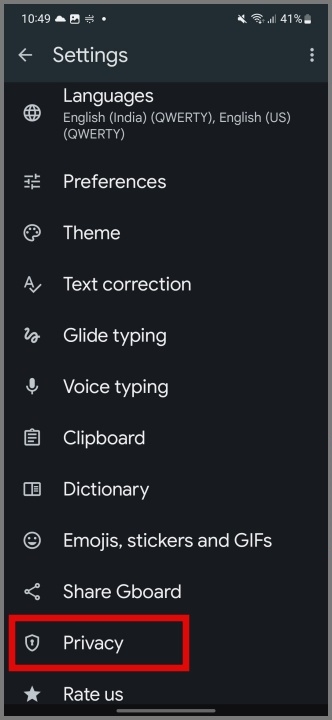 Configuración de privacidad de Gboard en Android