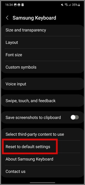 Seleccione Restablecer a la configuración predeterminada en el teclado Samsung
