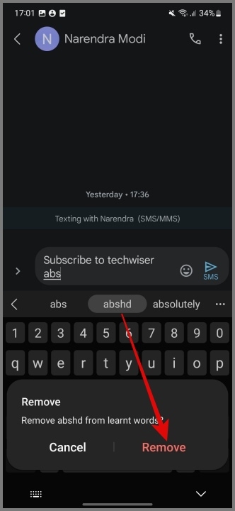 Eliminar individualmente las palabras aprendidas del teclado Samsung