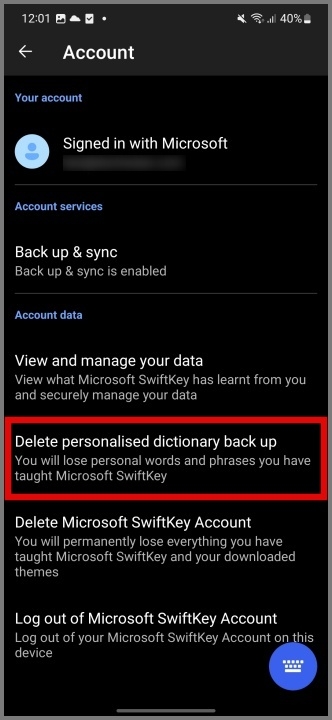Seleccione la opción de copia de seguridad del Diccionario Personalizado Eliminar.