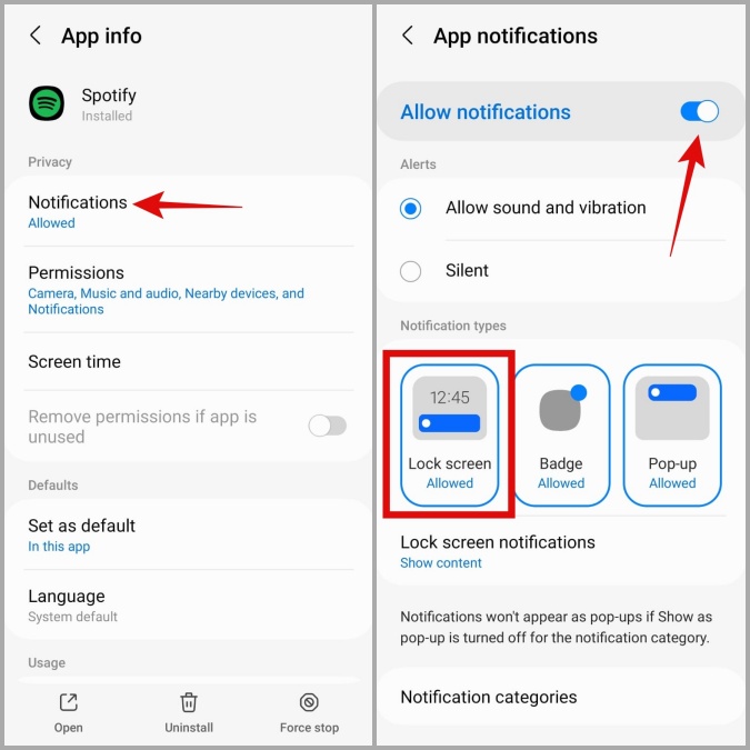 Habilitar permiso de notificación para la aplicación Spotify en Android