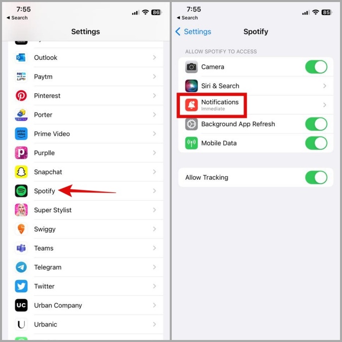 Configuración de notificación para Spotify en iPhone