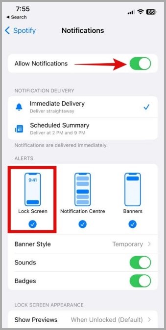 Configuración de notificación para Spotify iPhone