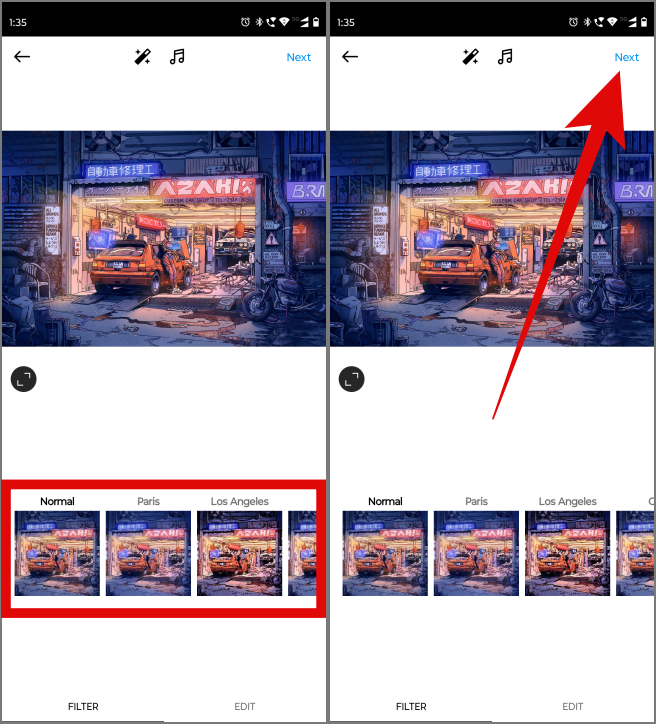 Ajuste de filtros en una imagen en la aplicación Instagram