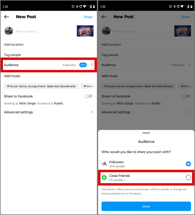 Cambiar la audiencia de la publicación de seguidores a amigos cercanos en Instagram Post and Reels