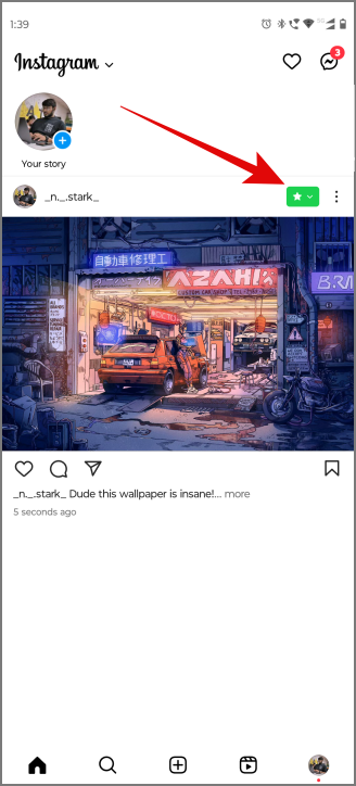 Publicación de amigos cercanos en la aplicación Instagram