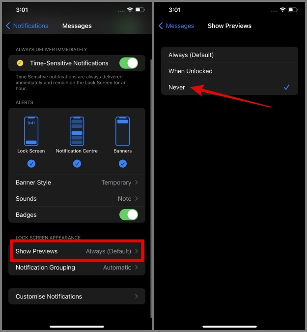 Desactivar la vista previa del mensaje en la pantalla de bloqueo de iPhone