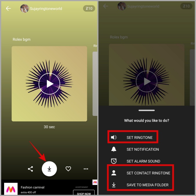 Establezca como tono de llamada con Zedge en el teléfono Samsung