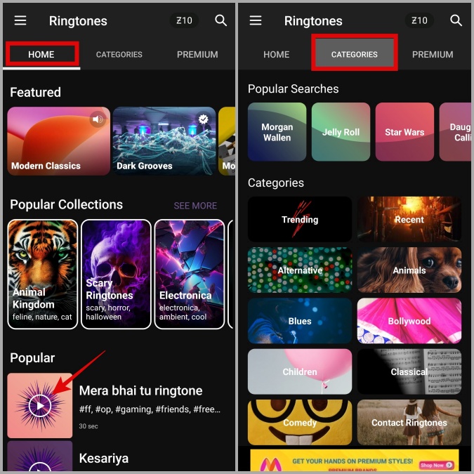 Tonos de llamada en la aplicación Zedge en el teléfono Samsung