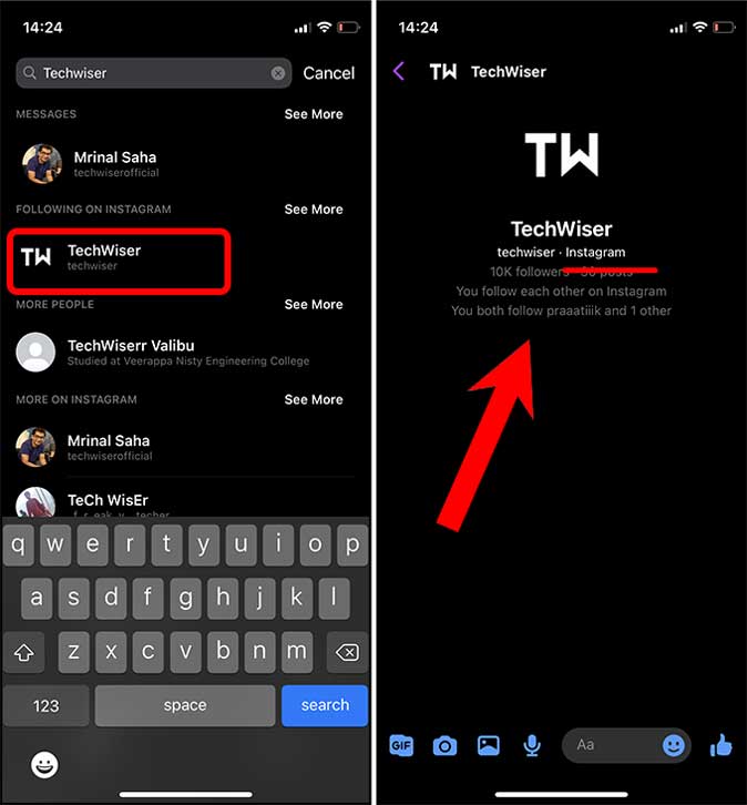 Envíe un mensaje a un contacto de Instagram desde Facebook