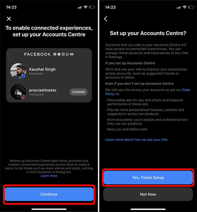 finalizar la configuración de la cuenta de Facebook e Instagram