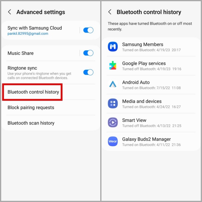 Historial de control de Bluetooth en el teléfono Samsung