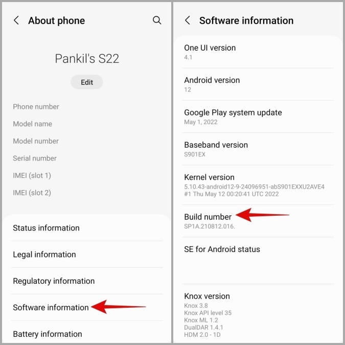 Información del software del teléfono Android